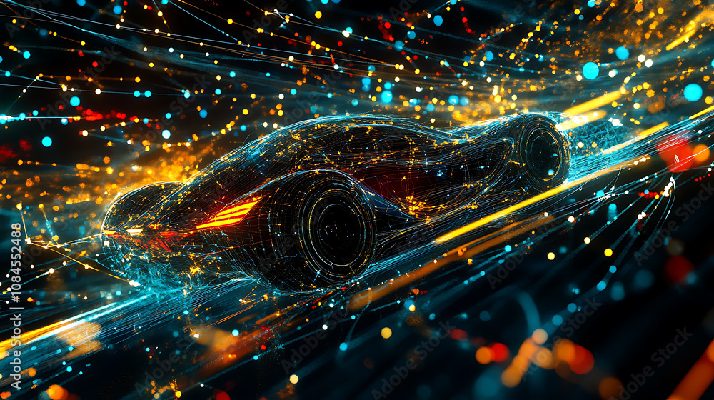 Poster An abstract portrayal of an intelligent car, visualized through a cosmic theme of points and lines, symbolizing advanced automotive technology