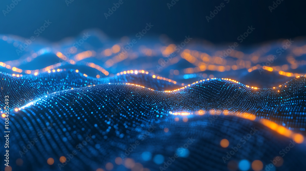Poster abstract background with glowing purple stars and lines on blue gradient background