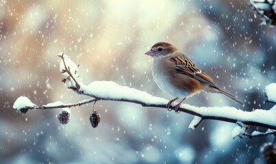 Fototapeta premium A bird is sitting on a branch covered in snow