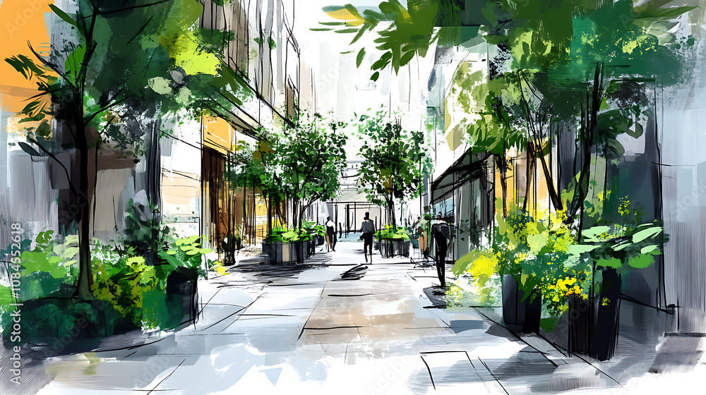 Poster architectural sketch of urban public space with greenery