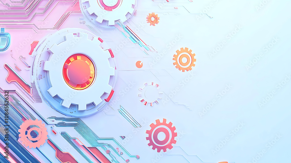 Poster a white circle with colorful gears and circuit board elements on a light blue background
