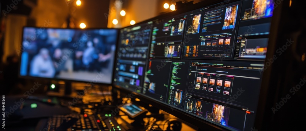 Poster a control room setup with multiple screens displaying video feeds and data.