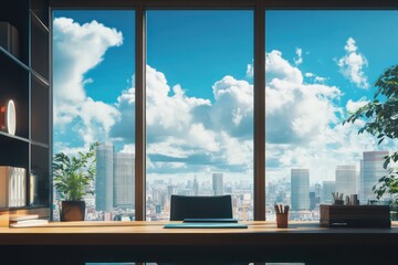 a realistic office glasses window with beautiful view building