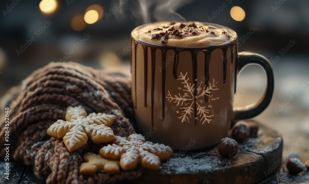 Poster a mug with a snowflake design on it sits on a wooden table