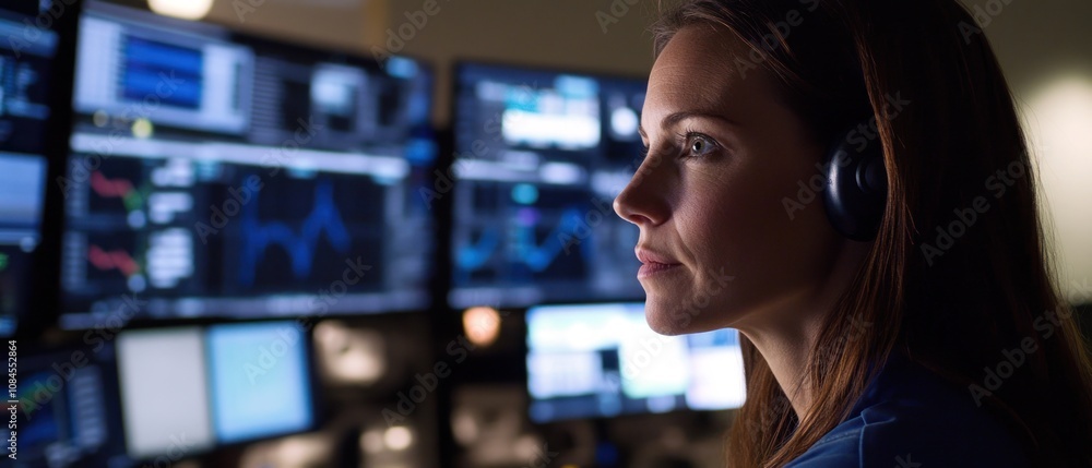 Poster a focused individual monitors multiple screens displaying data and graphs.