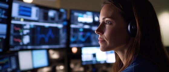 A focused individual monitors multiple screens displaying data and graphs.