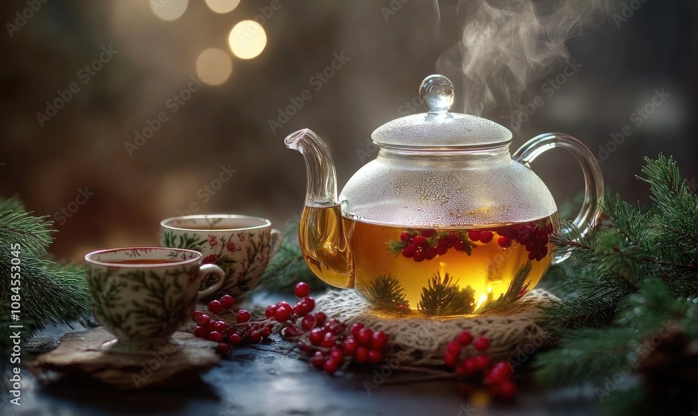 Poster a teapot with berries in it sits on a table next to two cups