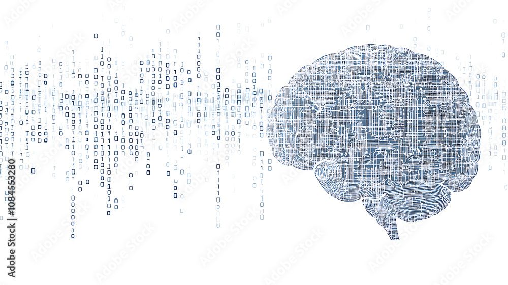 Poster Abstract digital brain with glowing lines and holographic elements on blue background, concept of artificial intelligence technology
