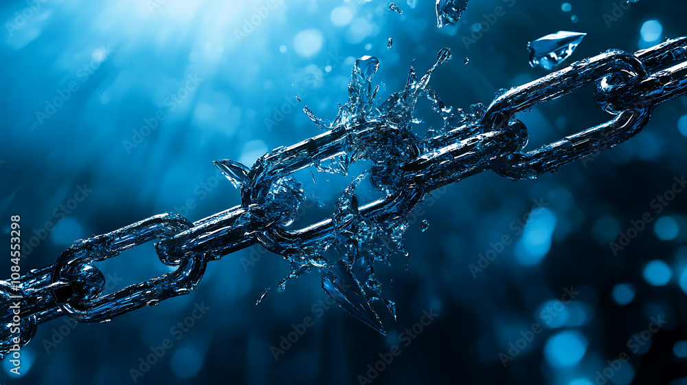 Poster Broken chain breaking the blockchain on a blue background with binary code and symbols of a network security concept