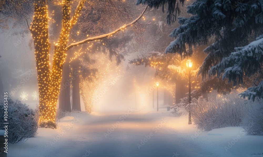 Poster a snow covered path with a tree in the background