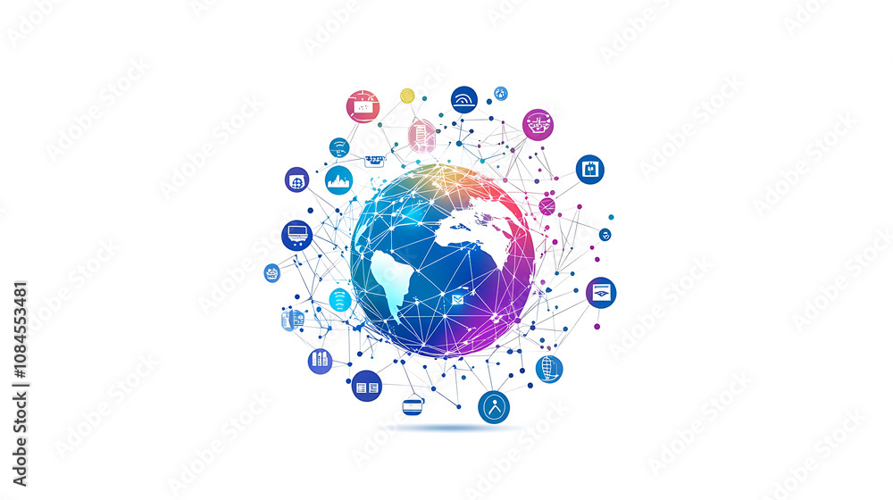 Poster Abstract global network and connectivity concept with a sphere made of connected dots and icons on a white background