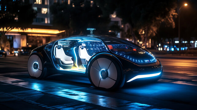 At night, an autonomous car exits a parking space, showcasing driverless technology in urban streets