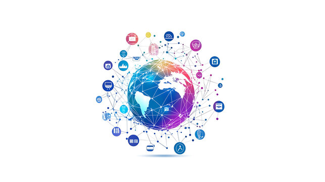 Abstract global network and connectivity concept with a sphere made of connected dots and icons on a white background