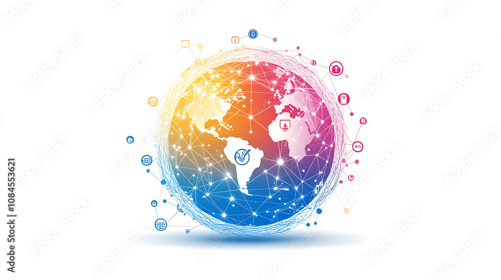 Poster Abstract global network and connectivity concept with a sphere made of connected dots and icons on a white background