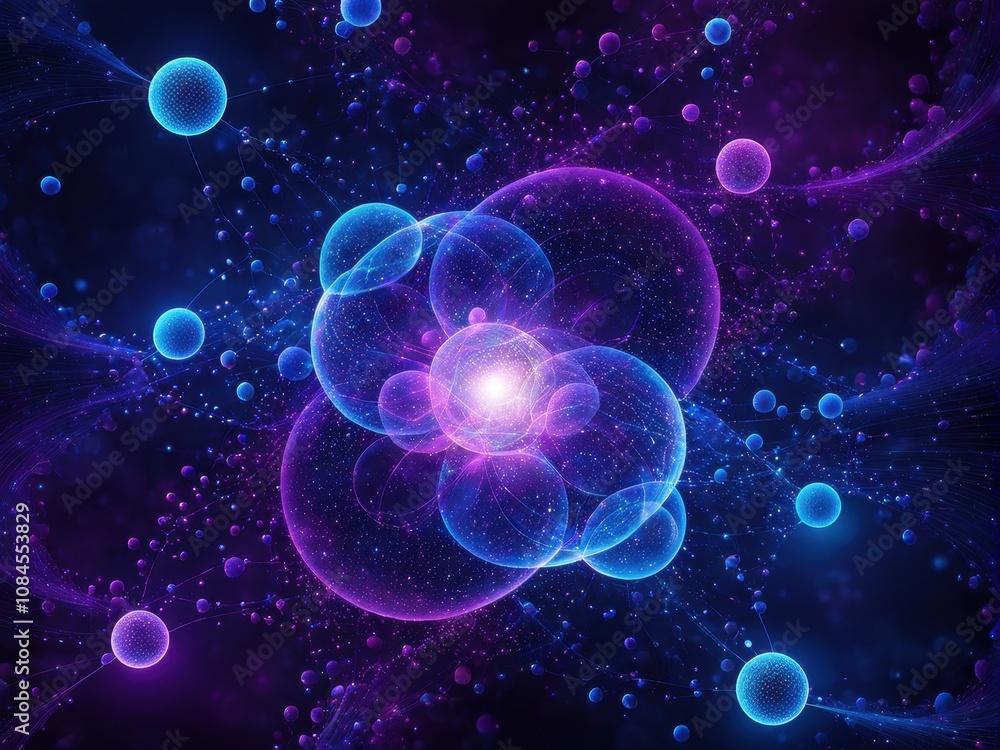 Poster abstract representation of atomic and subatomic particles in a cosmic setting.