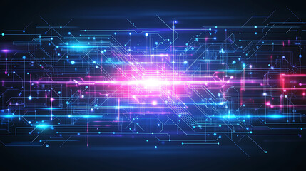 Abstract circuit board background with neon blue and purple lines Digital technology concept, banner design