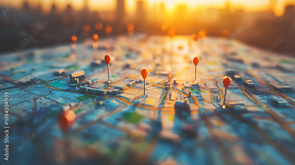 Poster illustration of an urban city map with pins and markers, representing the concept of location based 