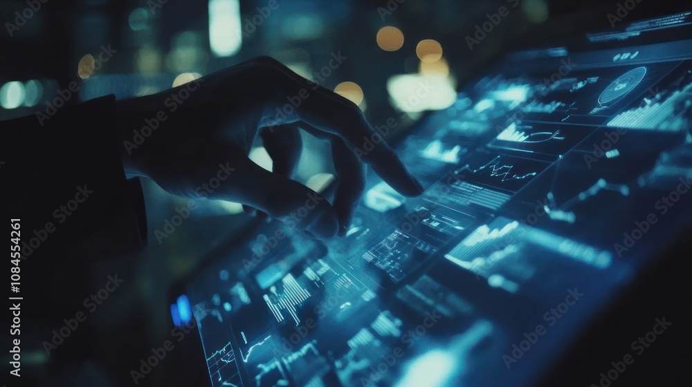 Poster a hand interacting with a digital interface displaying data and graphs.