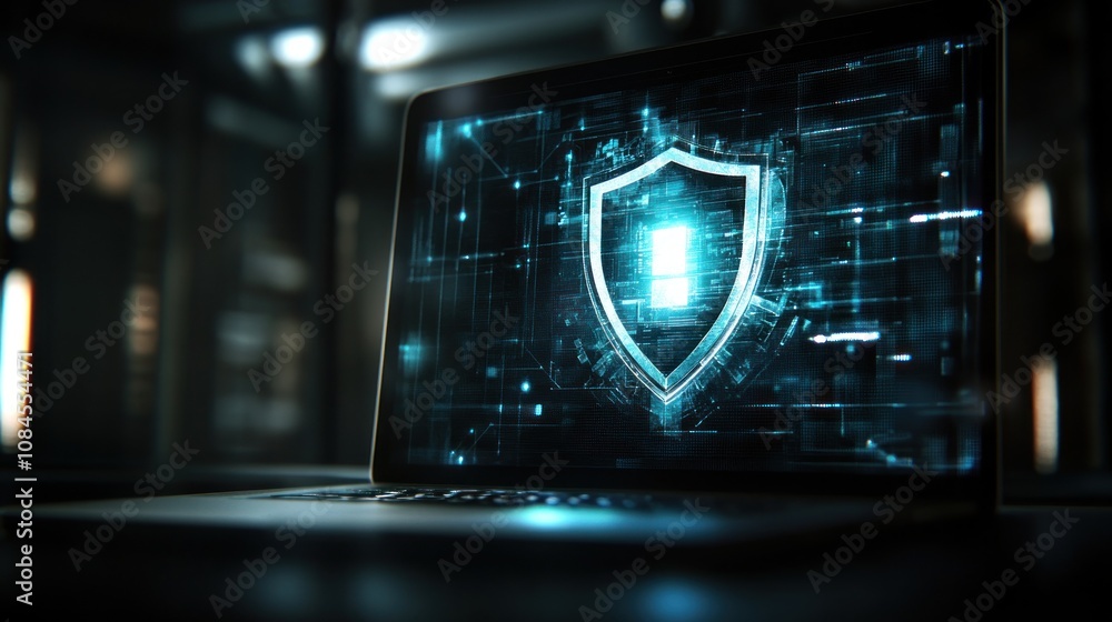 Poster a laptop displaying a digital shield symbolizing cybersecurity and protection.