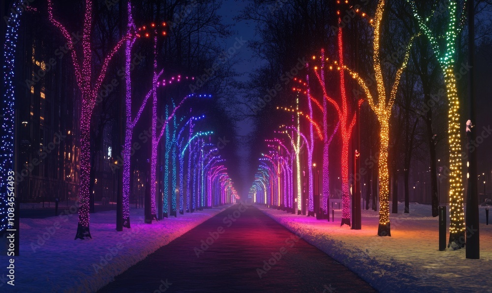 Poster a long walkway with many trees lit up in different colors