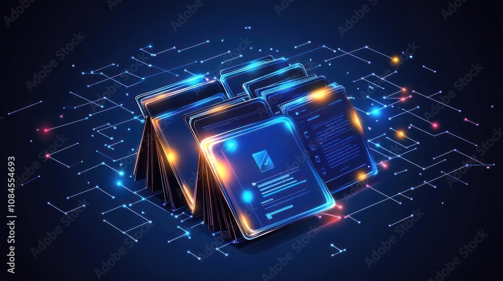 Poster a digital representation of stacked cards with glowing edges on a tech-inspired background.