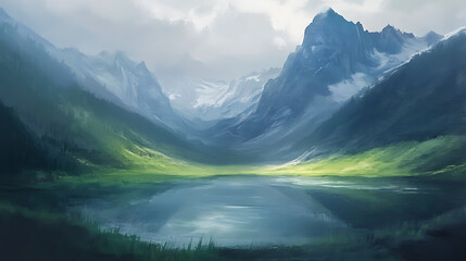 Fototapeta premium Mountain landscape, lake in the mountains on the horizon, pastel drawing