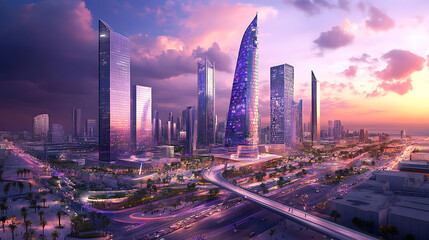 Fototapeta premium Riyadh's King Financial District is depicted at sunset, highlighting the area's advanced technological infrastructure within the capital of Saudi Arabia