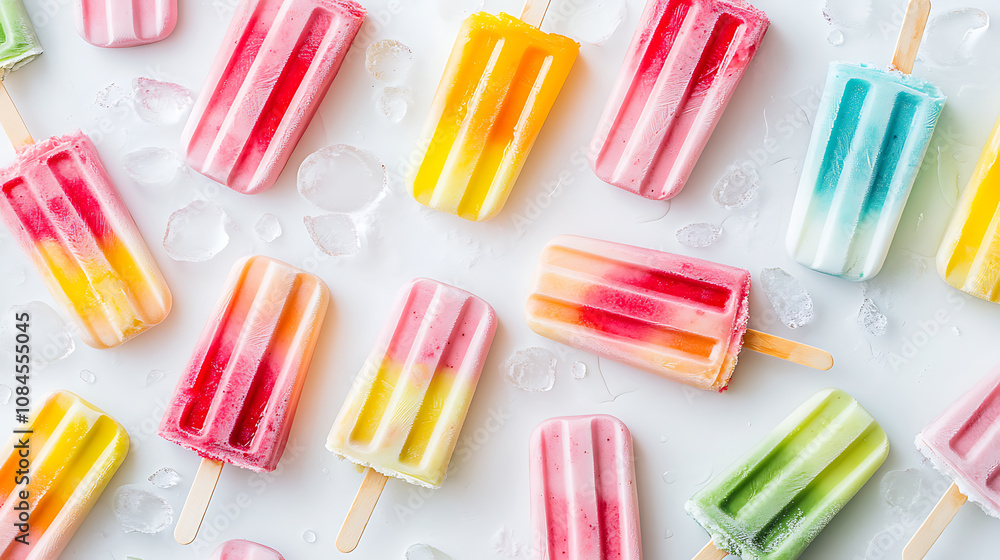 Poster Colorful ice cream popsicle pattern on white background cute and playful style bright colors with soft gradients