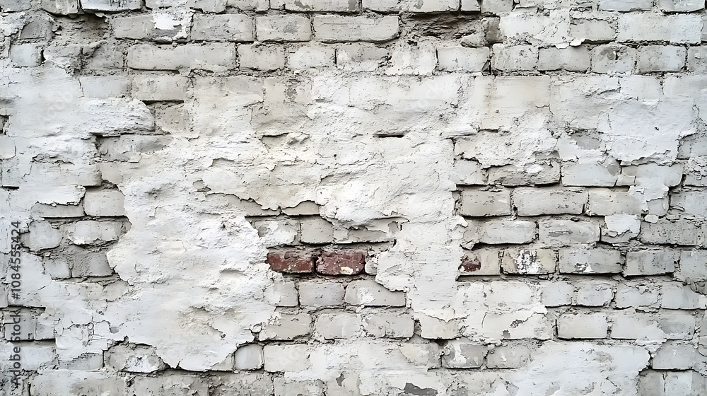 Poster an abstract and weathered texture, combining light gray stucco with aged paint on a brick wall, suit