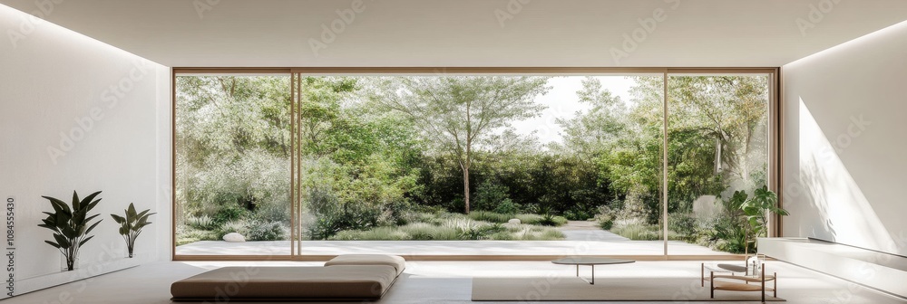 Leinwandbilder A spacious living room features modern decor and expansive windows that open up to a lush garden, creating an inviting atmosphere. Generative AI