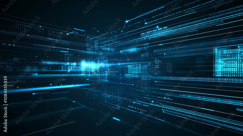 Poster an abstract concept of technology or data, a blue gradient on a dark background with light lines for