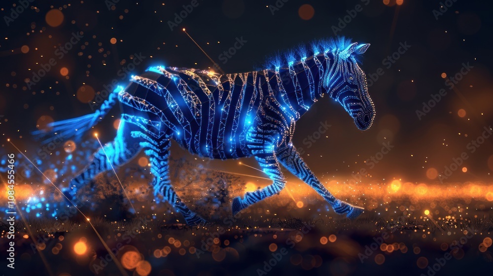 Poster a glowing blue zebra with a sparkling tail runs across a field of orange bokeh.