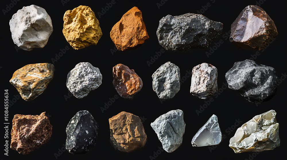 Poster Asteroids and meteorites set isolated on black background, clipping path included