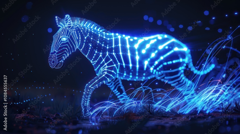 Poster a digital rendering of a zebra running through a field, with glowing neon stripes.