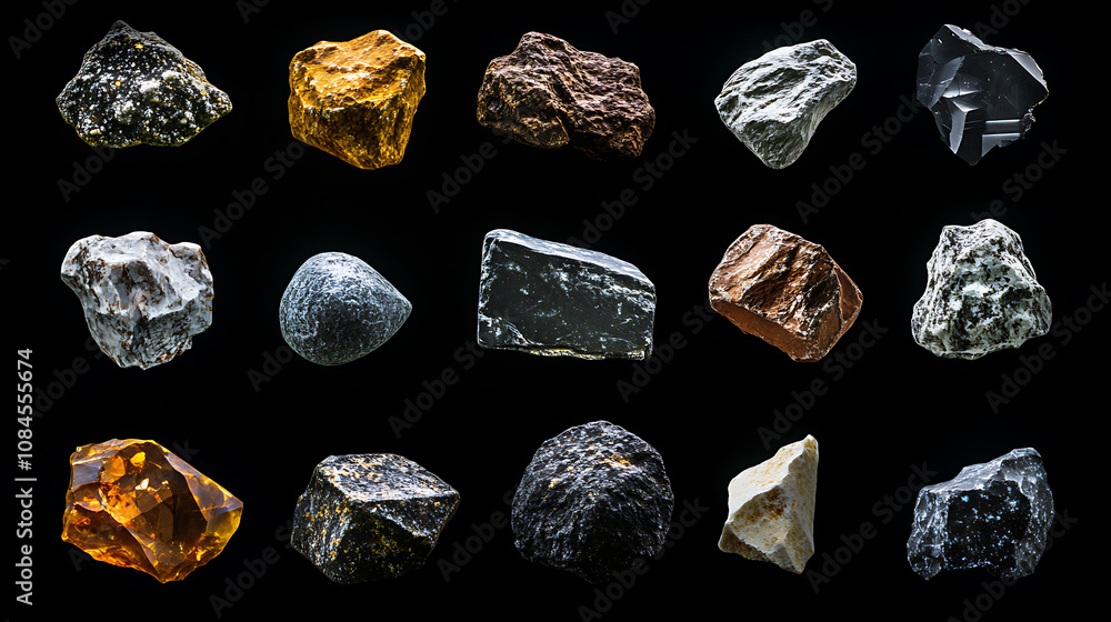Poster Asteroids and meteorites set isolated on black background, clipping path included