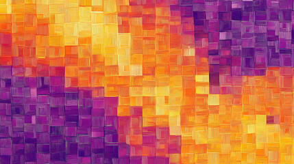 An orange and purple pixelated pattern with squares in shades of violet, yellow and pink