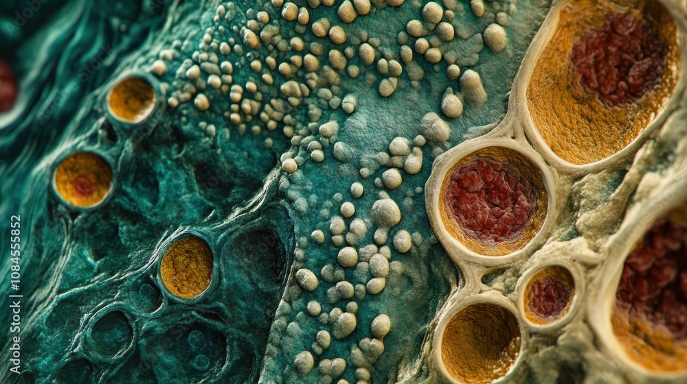 Aufkleber A close-up visual reveals diverse cellular structures with vibrant colors and textures, showcasing intricate biological details under a microscope. Generative AI
