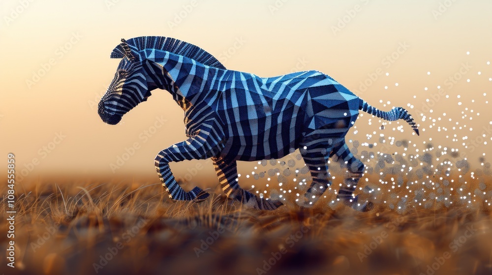 Poster a stylized zebra running through a field of tall grass, rendered in a low poly style. the zebra is r