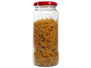 Isolated glass jar of short noodles pasta or fideos. Cut out transparent png