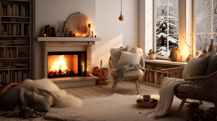 Cozy Scandinavian Living Room with Fireplace and Hygge Atmosphere