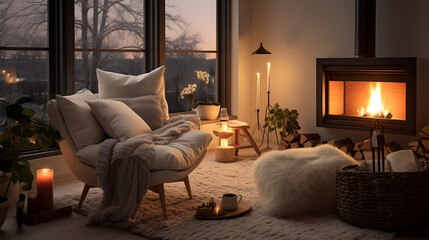 Cozy Scandinavian Living Room with Fireplace and Hygge Atmosphere