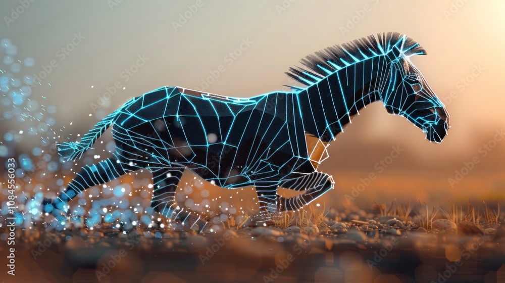Poster a stylized zebra made of glowing lines runs across a field with a blurred background.