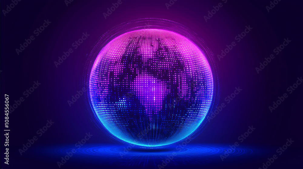 Poster abstract background with blue lines and glowing dots, futuristic technology concept with dark purple
