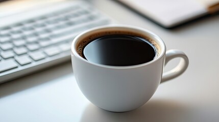 Photo of freshly brewed coffee in a white cup next to a keyboard and a notebook on a clean desk.