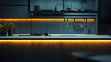 Obraz premium During the night, modern kitchen with a minimalist design and high-end materials like concrete and glass is lit by LED strips, Basic kitchen utensils made of premium materials complement the kitchen