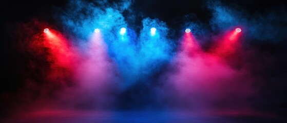 Fototapeta premium A stage illuminated by colorful lights and smoke, creating an atmospheric performance setting.
