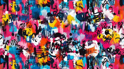Seamless background featuring a colorful abstract graffiti art pattern, with a mix of spray paint splatters, street style doodles, and urban artistic expressions