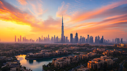 Obraz premium The Dubai desert is beautifully depicted at sunset, capturing the serene and vast landscape of the United Arab Emirates