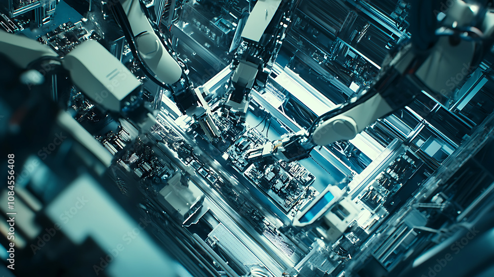 Aufkleber Automated robotic arms assembling components in a high-tech electronics manufacturing facility
