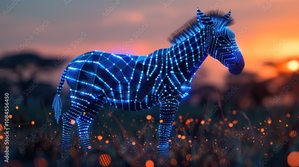 Poster a digital zebra stands in a field of grass with a sunset in the background.